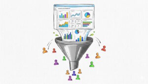 University data dashboard flowing into a funnel with colourful people icons dropping out at different points.