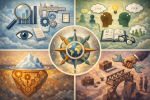 Illustration divided into four panels around a central compass and globe, showing four ways of seeing the social world: quantitative measurement, shared meaning and ideas, hidden structures beneath the surface, and practical tools for building solutions.