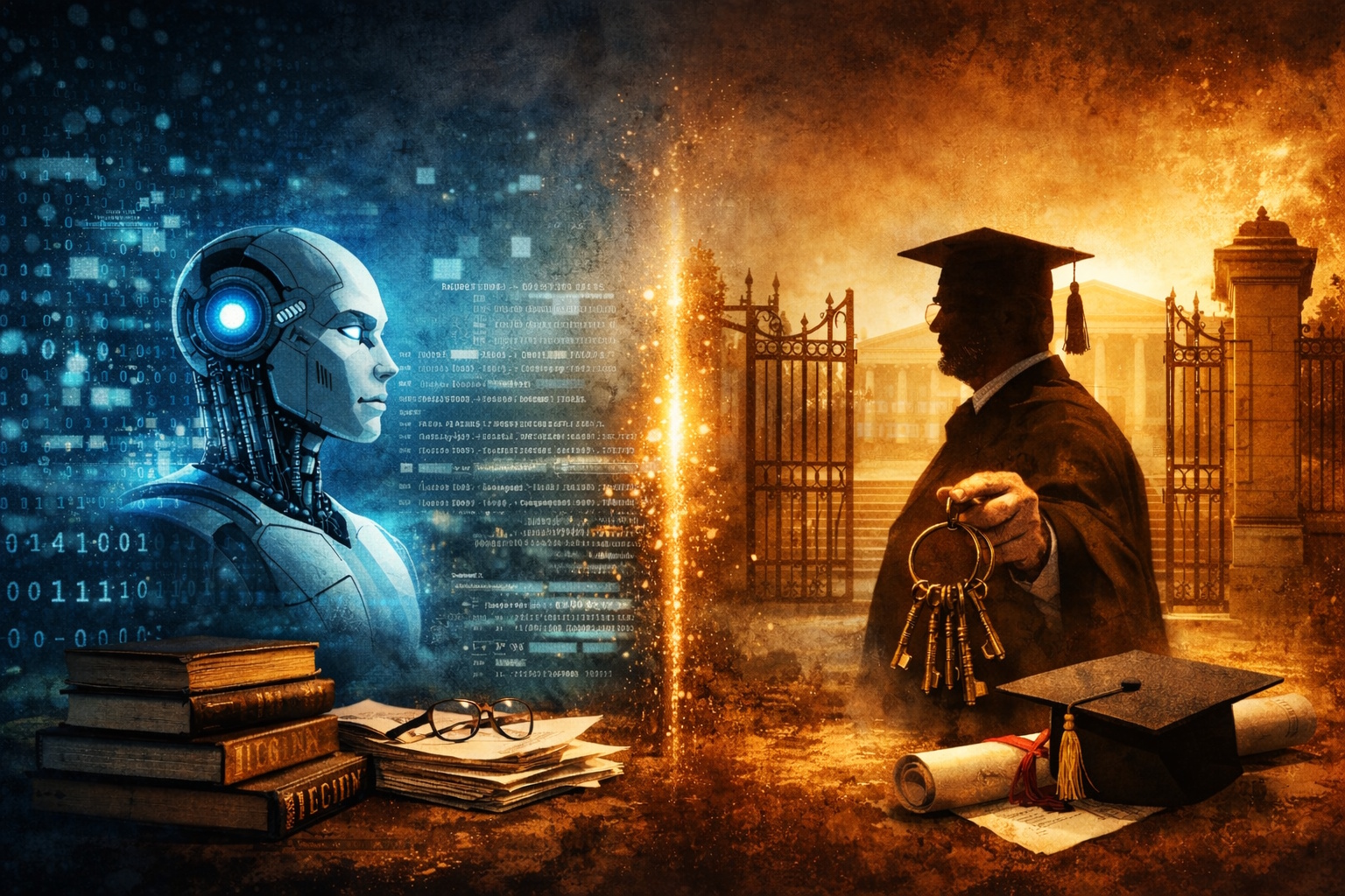 AI meets academia: a robot faces a gatekeeping professor holding keys.