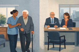 Young care worker supports an elderly resident, separated by a text-like barrier from an interview panel facing an empty chair.