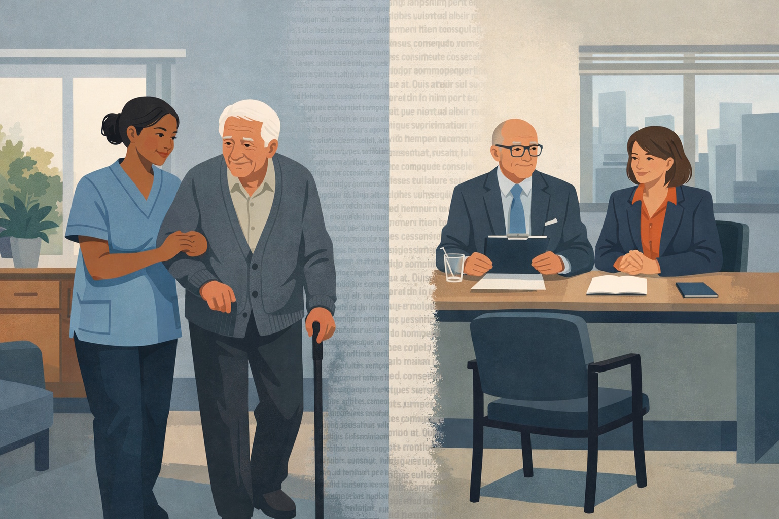 Young care worker supports an elderly resident, separated by a text-like barrier from an interview panel facing an empty chair.