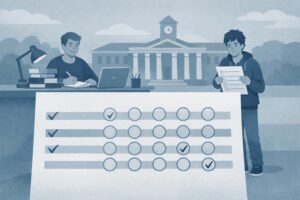 Editorial illustration in muted blue-grey tones of a large ticked survey form, with one confident student at a desk and another uncertain student standing apart, set against a university building.