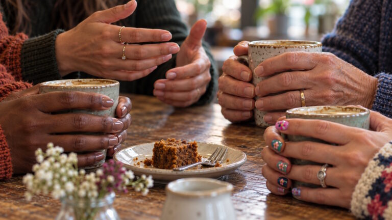 Women with different nail styles, from bare nails to colourful nail art, hold cups around a café table.