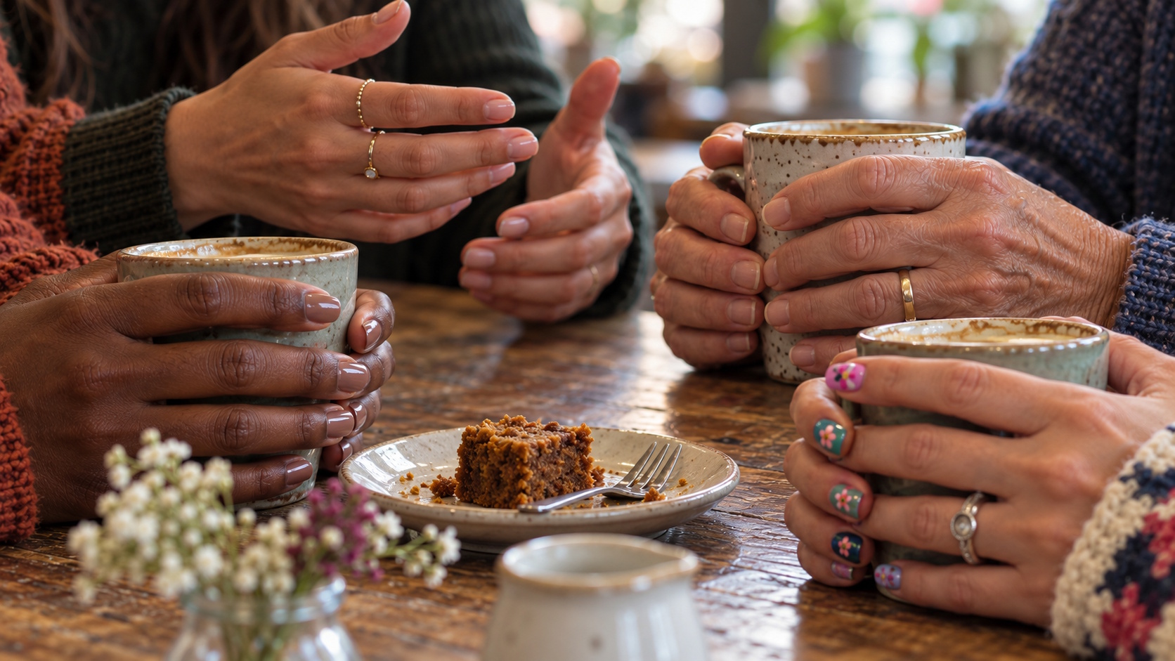 Women with different nail styles, from bare nails to colourful nail art, hold cups around a café table.