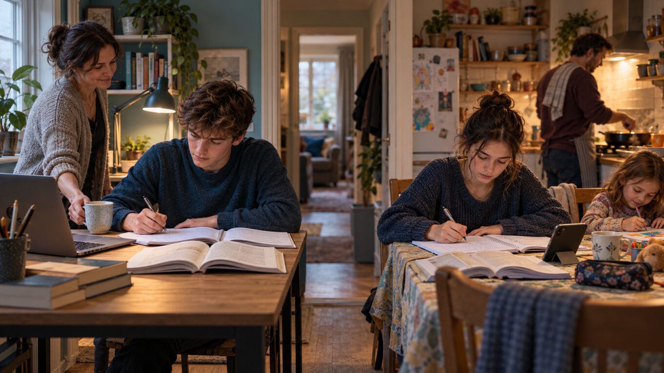 Editorial illustration of two students working towards the same educational goal in different home circumstances, showing how unequal resources can shape opportunity despite similar effort.