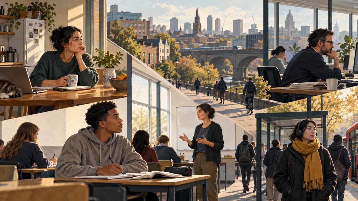 Editorial illustration showing people in a home, classroom, workplace and public space, visually connected by shared pathways and architectural lines to suggest how individual lives are shaped by wider social structures.