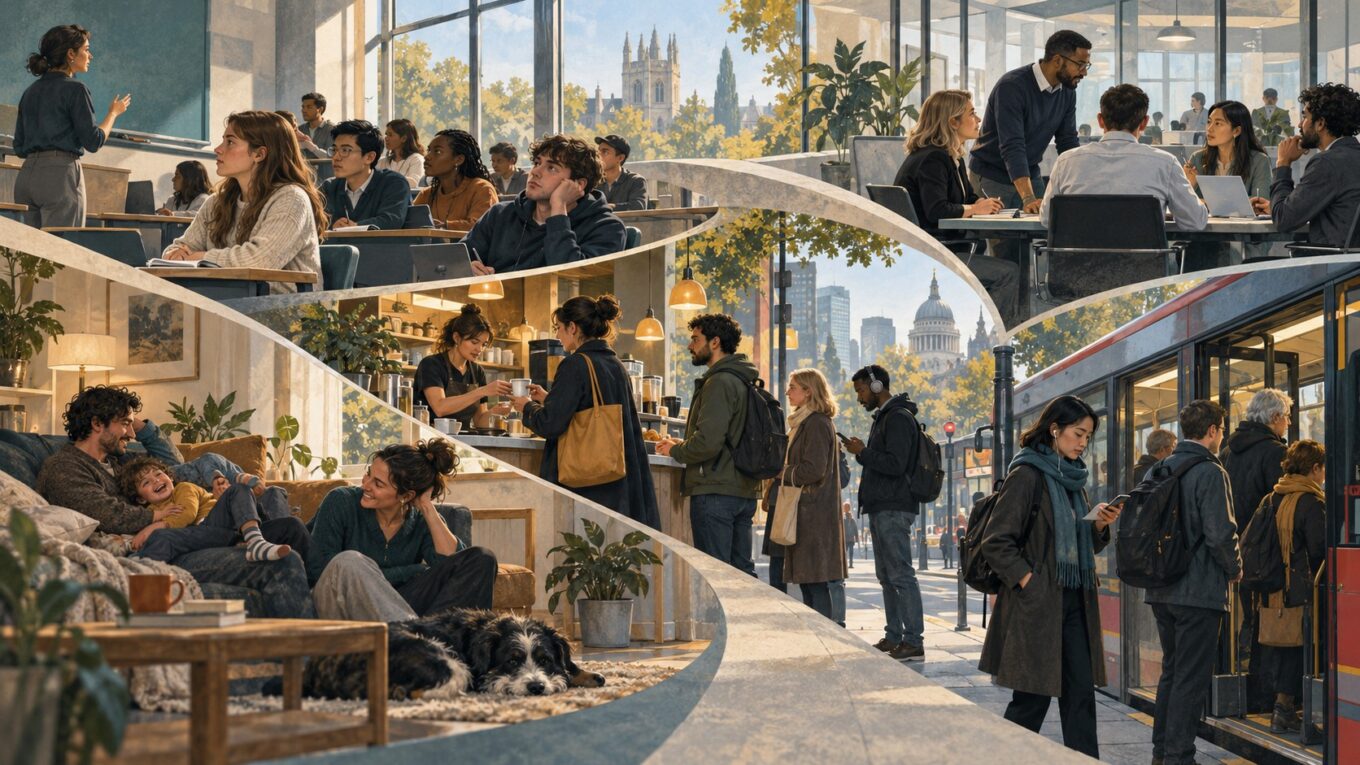 Editorial illustration showing everyday social norms across a classroom, workplace, café queue, public transport and family home, with people behaving differently according to the expectations of each setting.