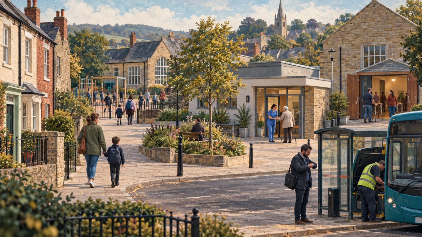 Editorial illustration showing families, schools, workplaces, transport and community institutions connected through everyday social life, representing the functionalist view of society as an interdependent system.