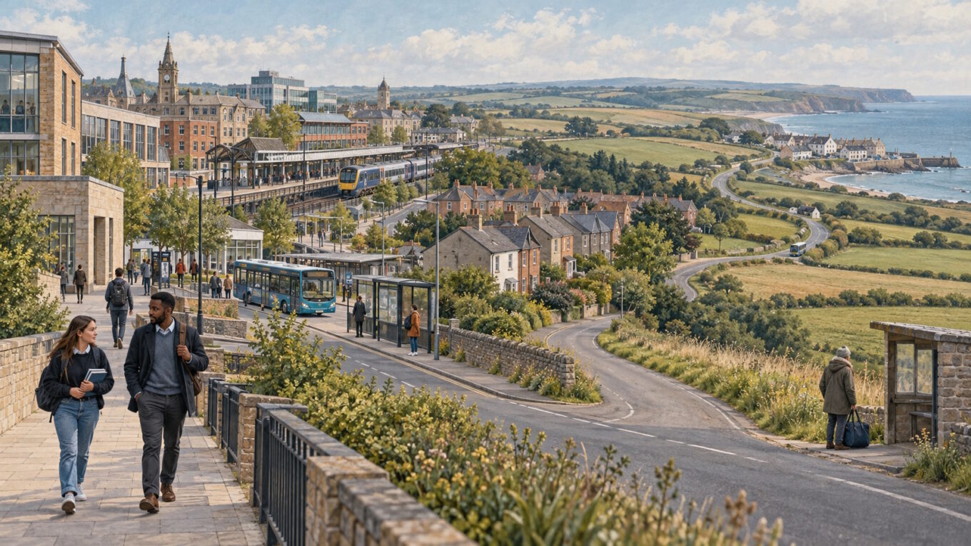 Editorial illustration showing people in different neighbourhood and rural settings with unequal access to transport, housing, education and work opportunities.