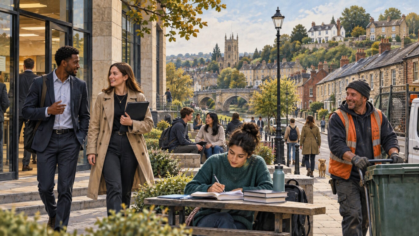 Illustration of professionals leaving an office, a student studying outdoors and a manual worker sharing a town streetscape, with varied housing and connected pathways in the background.
