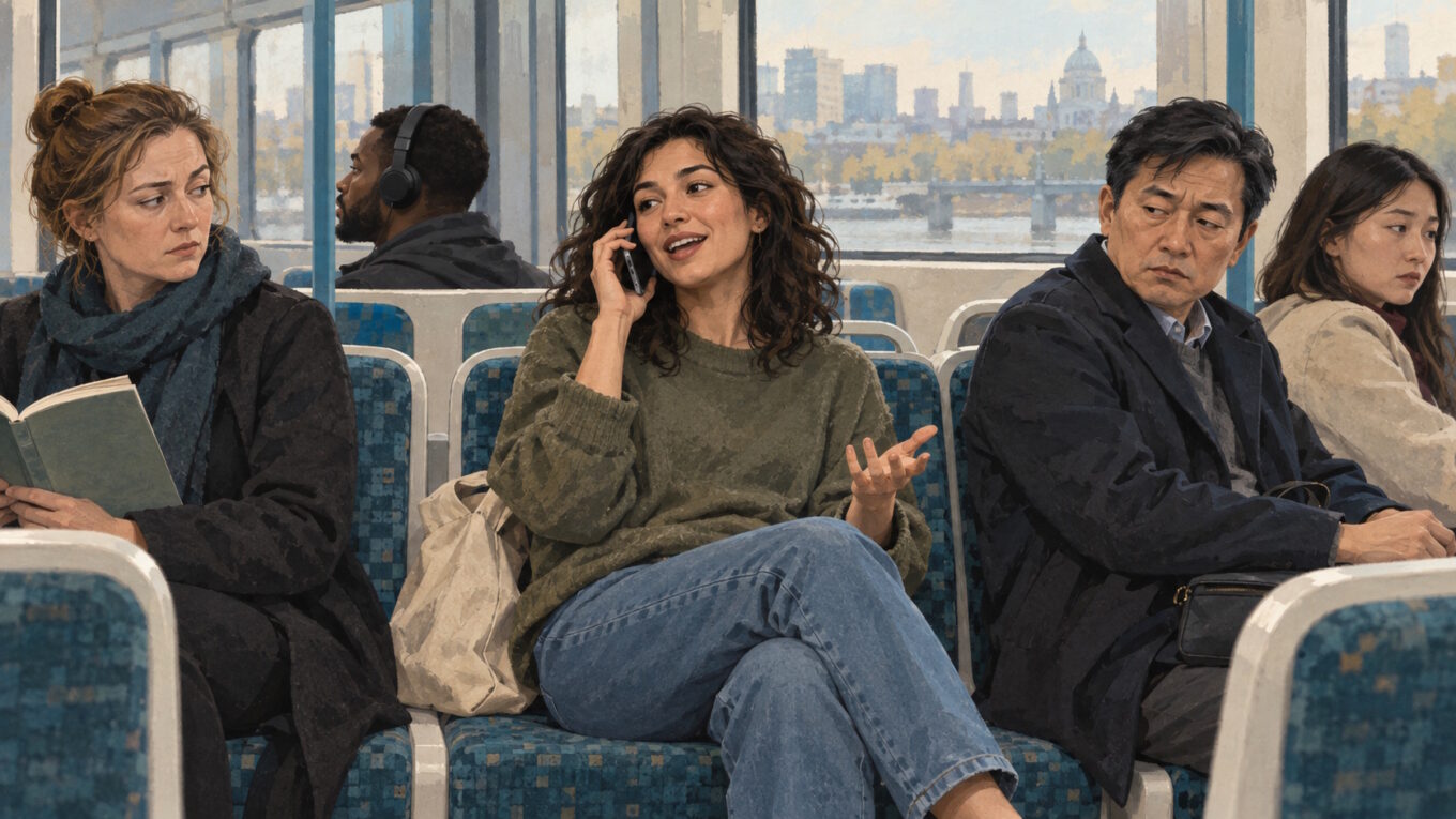 Editorial illustration showing one person being subtly judged by others in an everyday social setting, representing how deviance is shaped by social reactions and expectations.