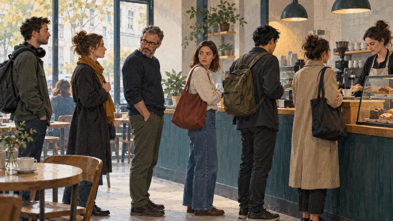 Editorial illustration of people following unwritten social rules in a public setting, with subtle reactions to someone behaving outside the expected norm.