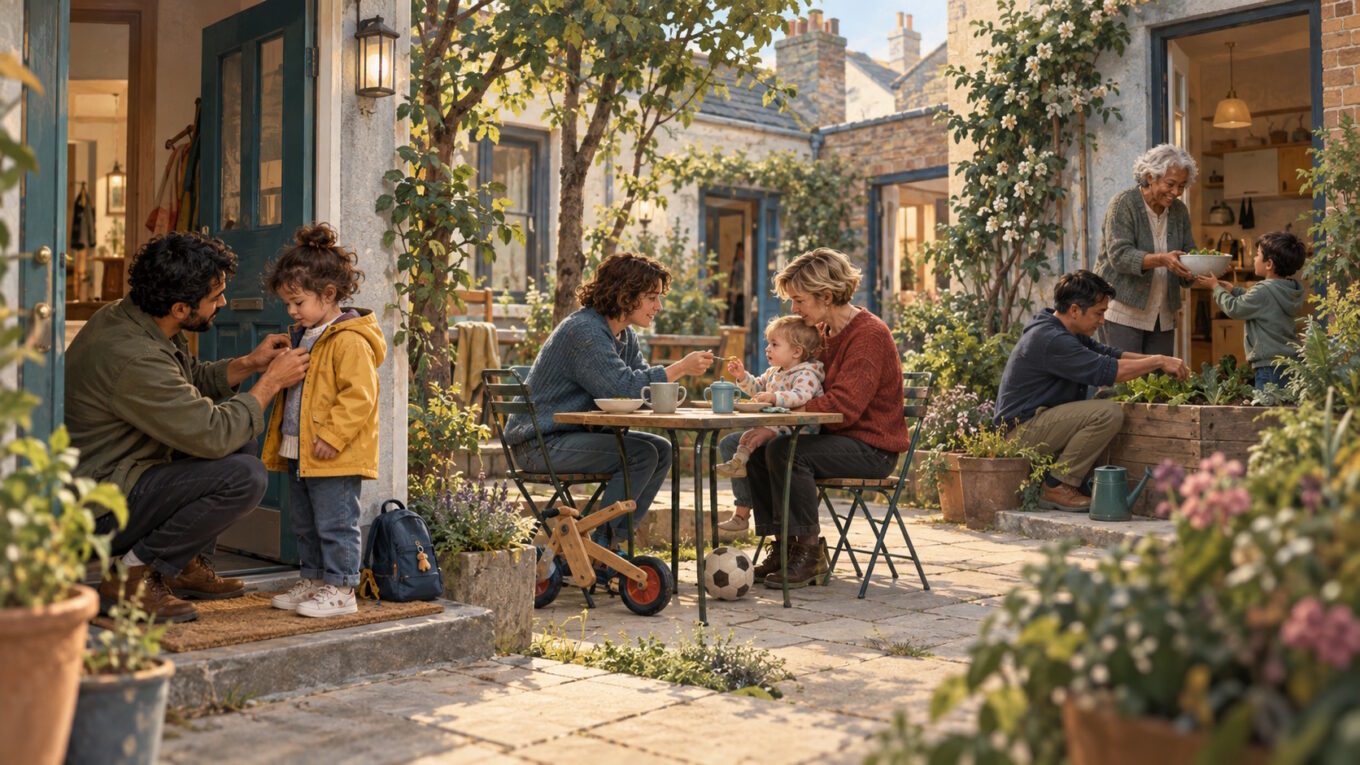 Editorial illustration showing several different contemporary family arrangements connected through everyday scenes of care, home life and relationships.